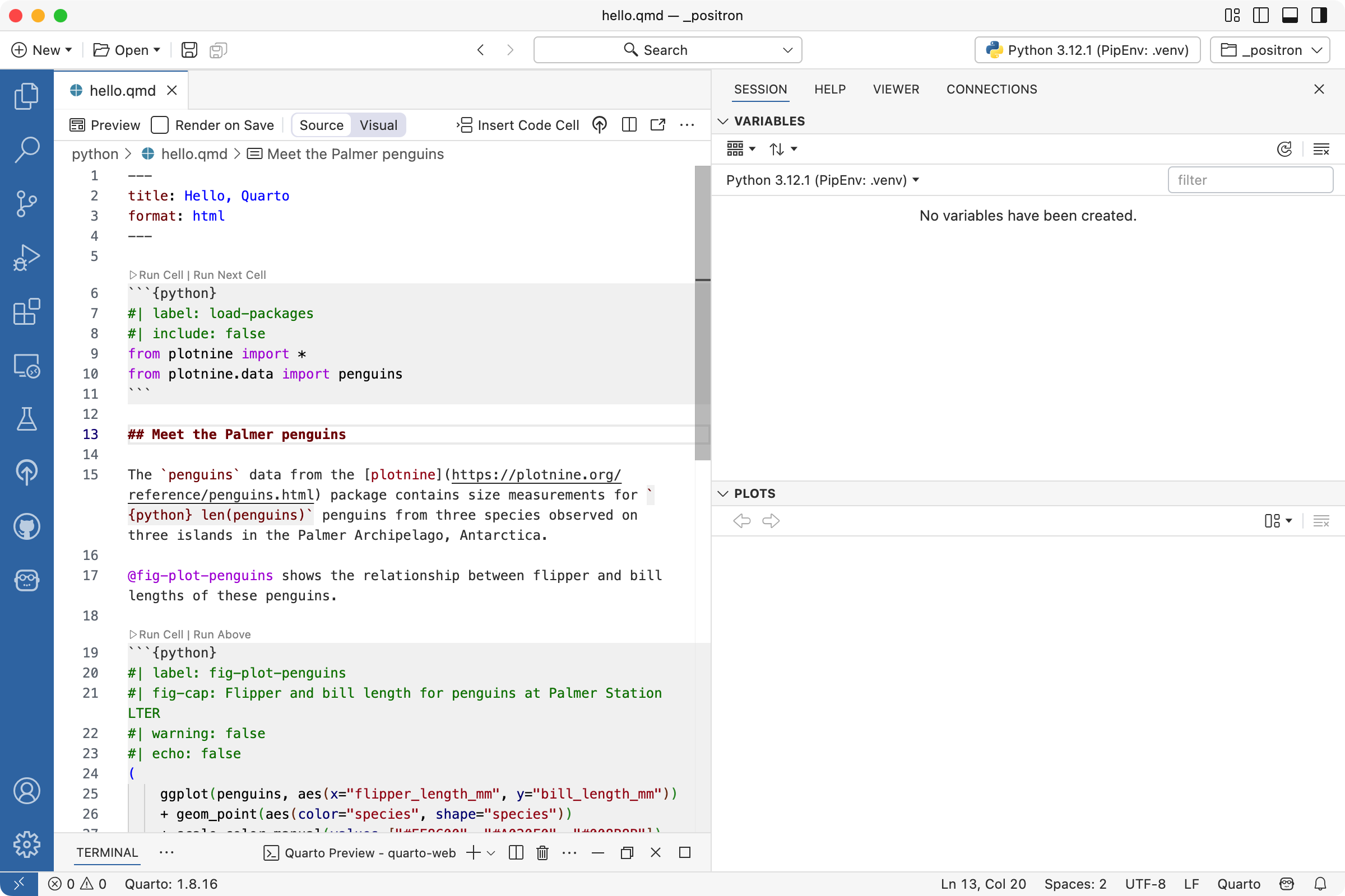 Positron with a file called `hello.qmd` open in the Editor.
