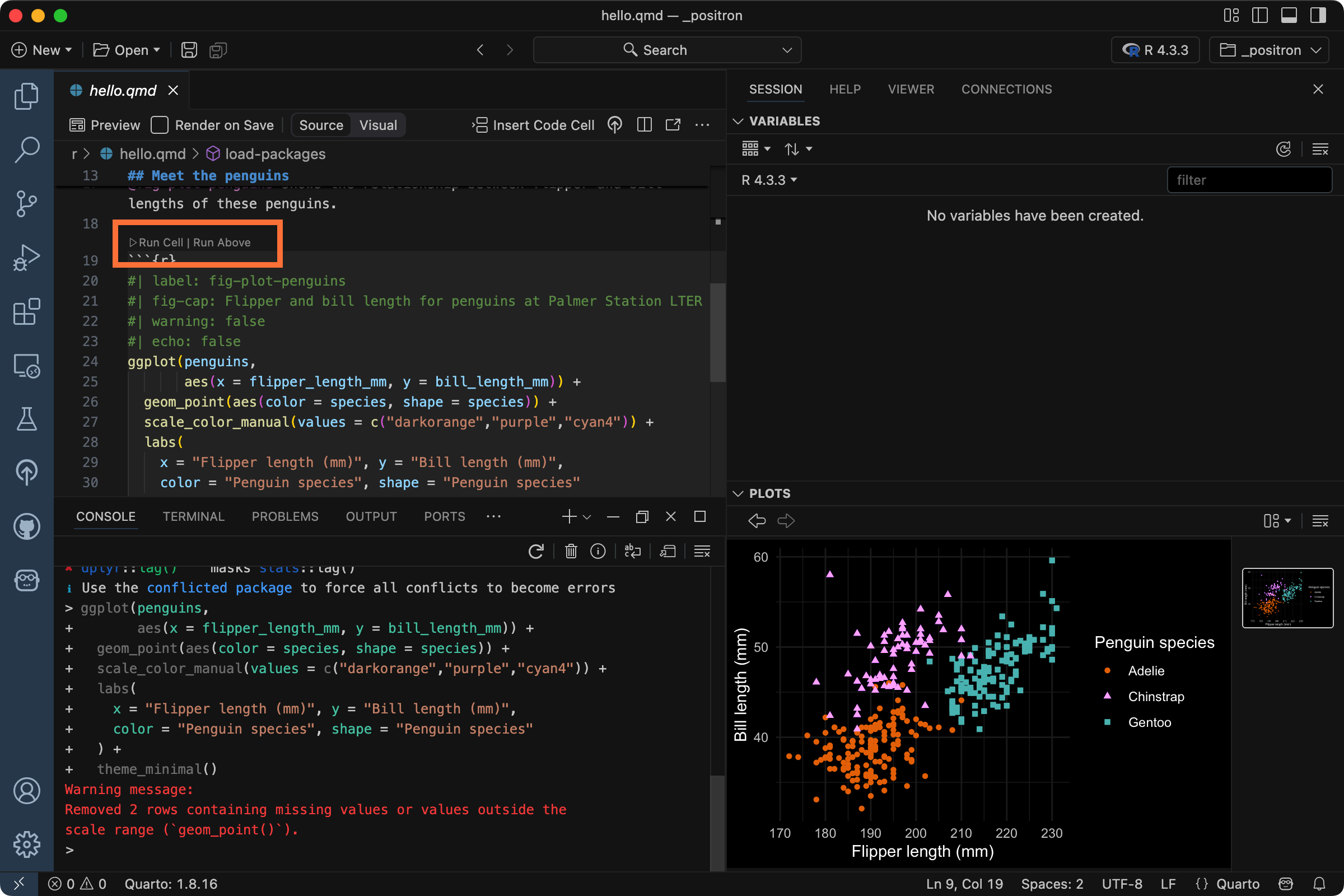 A Positron session with `hello.qmd` open in the Editor. An orange box highlights the button 'Run Cell' above a code cell with the label `plot-penguins`. The Console shows an executed line of code ending in `theme_minimal()` and the Plots pane shows a scatterplot of penguin flipper and bill length.